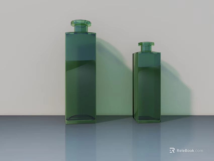 Modern Display Shelves Featuring Green Glass Bottles on Smooth Surface 3d model 