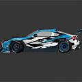 Sporty Racing Car With Blue White Black Graphic Design And Rear Wing