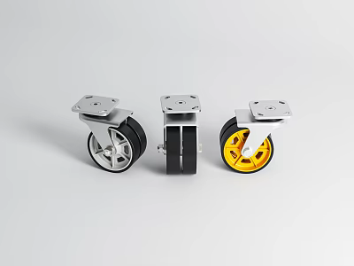 Sturdy Caster Wheels with Silver Metal Brackets Black and Yellow Rubber Tires 3d model