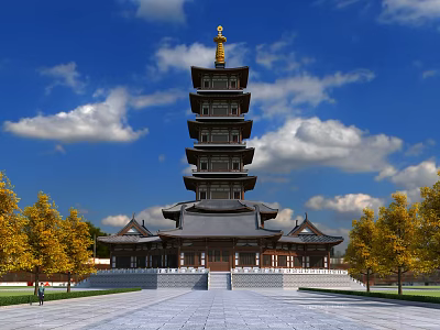 Traditional Chinese Pagoda Under Blue Sky With Trees 3d model