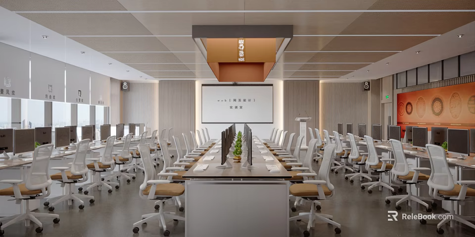 Modern School Conference Room With Long Table And Green Plants 3d model 