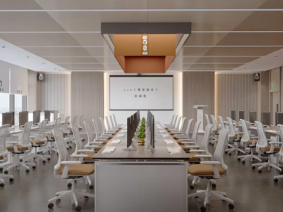 Modern School Conference Room With Long Table And Green Plants 3d model