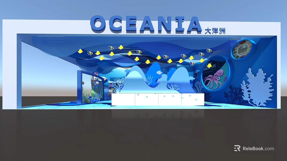 Oceania Themed Commercial Exhibition Booth With Blue Marine Elements And White Display Counter 3d model 