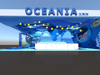 Oceania Themed Commercial Exhibition Booth With Blue Marine Elements And White Display Counter 3d model