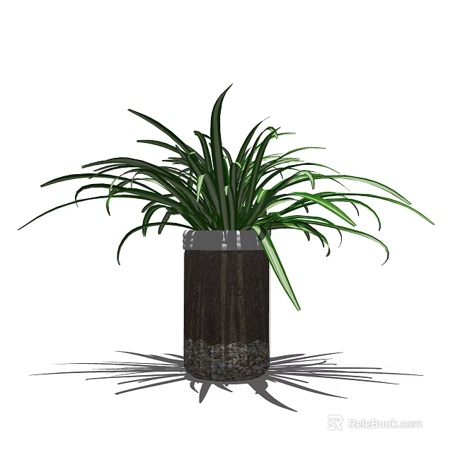 Lush Bonsai Potted Plant With Green Long Leaves And Wooden Pot Base 3d model 