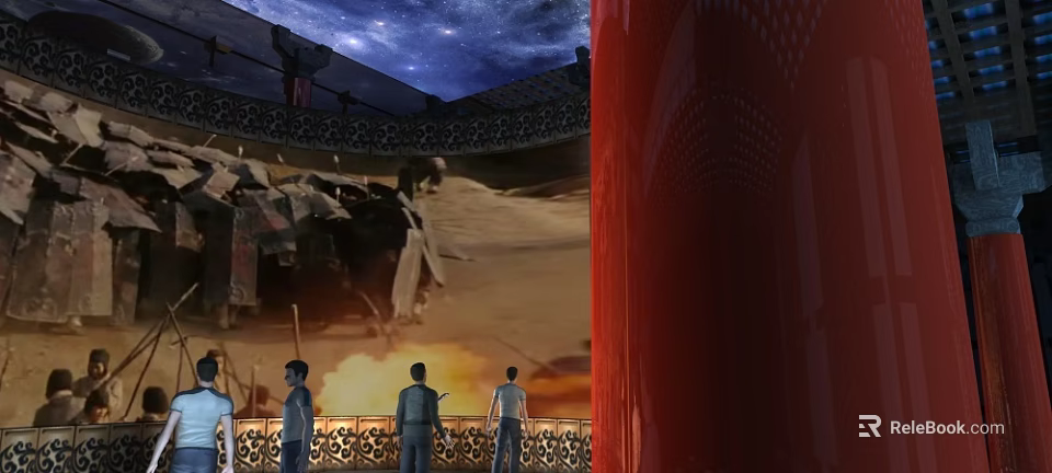 People Watching Cultural Performance Under Starry Sky Ceiling With Red Decorative Walls And Traditional Railings 3d model 