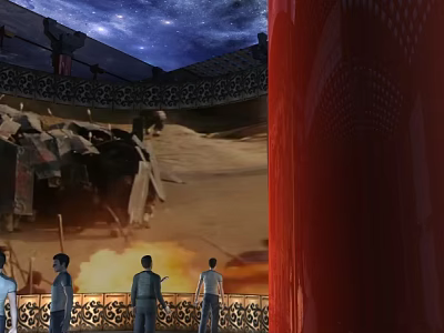 People Watching Cultural Performance Under Starry Sky Ceiling With Red Decorative Walls And Traditional Railings 3d model