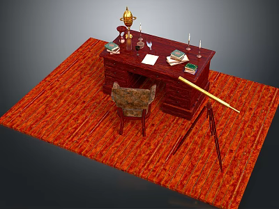 Mahogany Writing Desk With Lamp Books Candlesticks And Chair On Orange Rug 3d model