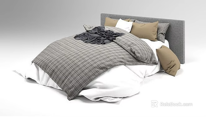 Double Bed With Plaid Duvet Brown White Pillows And Gray Headboard 3d model 
