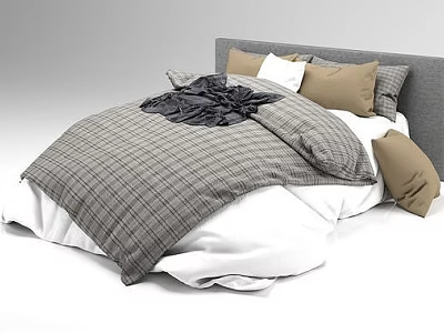 Double Bed With Plaid Duvet Brown White Pillows And Gray Headboard 3d model