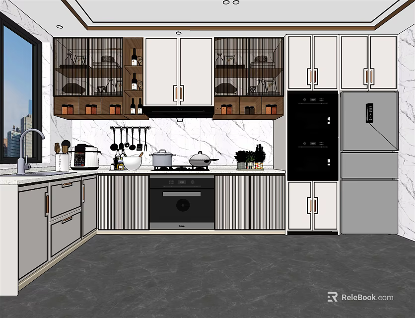 Modern Kitchen Interior With White Cabinets Marble Countertops And Stainless Steel Appliances 3d model 