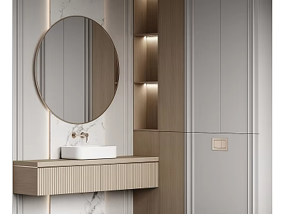 Modern Bathroom Vanity Cabinet with Round Wooden Frame Mirror and Illuminated Storage 3d model