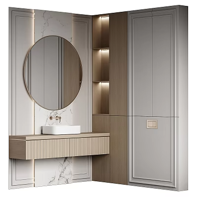 Modern Bathroom Vanity Cabinet with Round Wooden Frame Mirror and Illuminated Storage 3d model