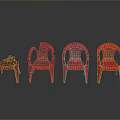 Set of Four Red Plastic Chairs With One Damaged On Reflective Dark Background