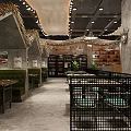 Modern Restaurant Interior With Unique Ceiling Pendant Lights Black Metal Partitions And Green Plants