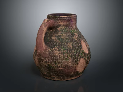 Ancient Ceramic Jar With Textured Surface Purple Brown Green Patterns And Handle 3d model