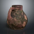 Ancient Ceramic Jar With Textured Surface Purple Brown Green Patterns And Handle