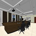 Modern Conference Room Interior With Long Table Black Chairs Windows Potted Plants And Wall Paintings