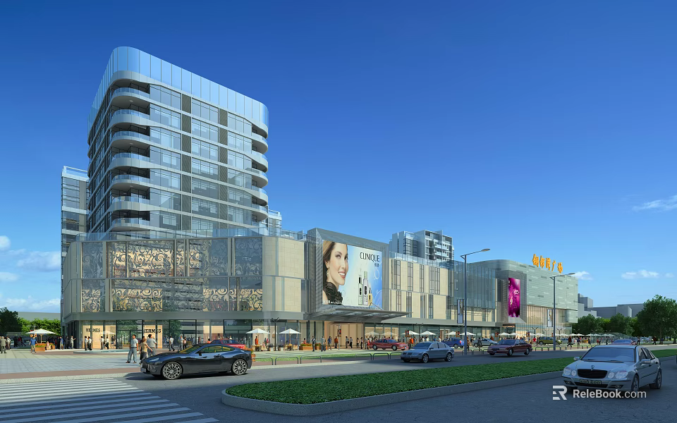 Modern Urban Commercial Street With Glass Facades Shopping Mall Pedestrians And Vehicles 3d model 
