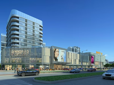 Modern Urban Commercial Street With Glass Facades Shopping Mall Pedestrians And Vehicles 3d model