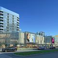 Modern Urban Commercial Street With Glass Facades Shopping Mall Pedestrians And Vehicles