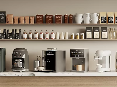 White and Black Coffee Machines Jars on Kitchen Counter and Shelves as Modern Kitchen Appliances 3d model