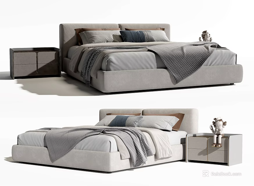 Modern Double Bed Interior Design With Upholstered Headboard Side Tables And Blankets 3d model