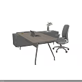 Modern Office Desk And Gray Chair Set With Laptop Side Cabinet Vase Green Plants
