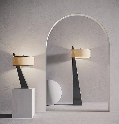 Modern Lamp Combination With Black Base Beige Lampshade Grey Wall Arch Mirror And White Pedestal 3d model