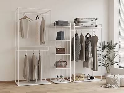 White Clothing Racks With Hanging Clothes And Storage In Minimalist Room 3d model