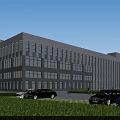 Modern Industrial Factory Building With Large Glass Windows And Parking Lot With Cars On Green Lawn