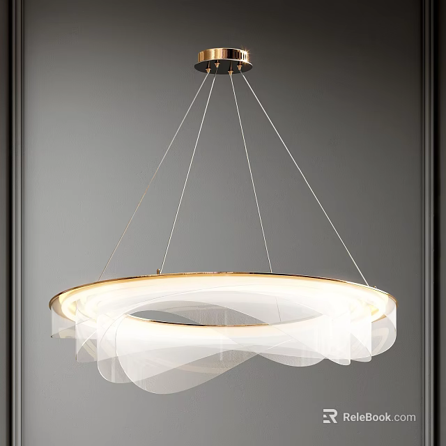 Modern Round Chandelier With Metal Frame And White Fabric Shade For Soft Lighting 3d model 