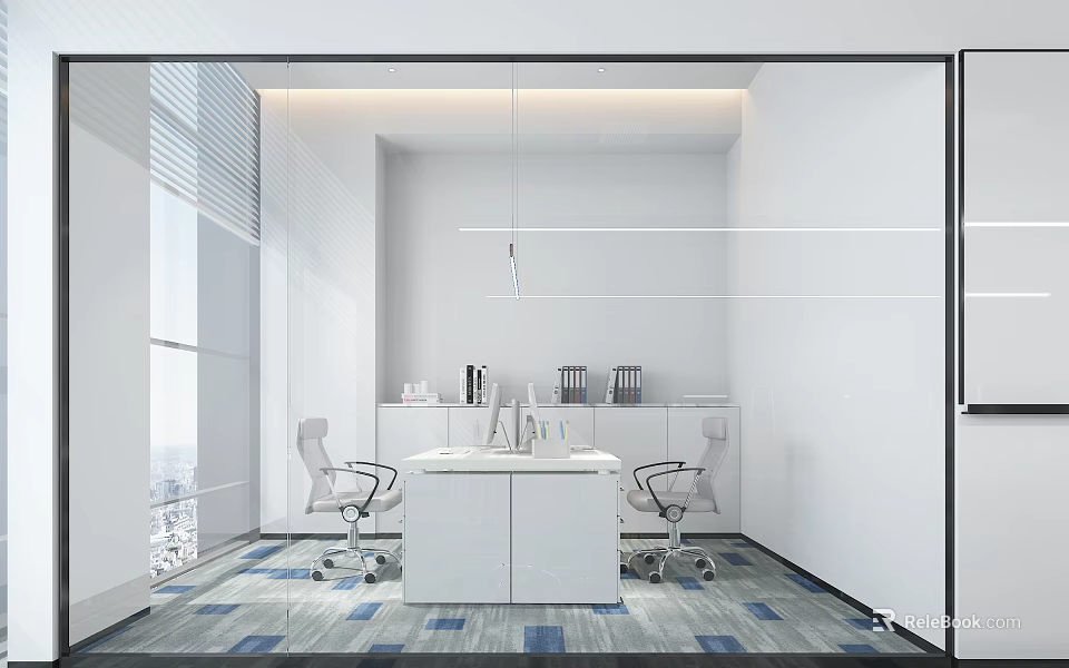 Modern Break Room Interior With White Desk Chairs And Large Window View 3d model 