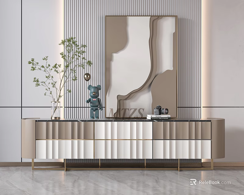 Modern TV Stand With Beige White Panels Gold Frame And Decorative Plant Ornaments 3d model 