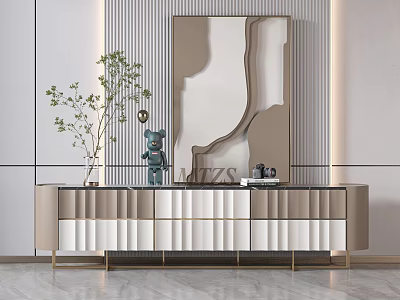 Modern TV Stand With Beige White Panels Gold Frame And Decorative Plant Ornaments 3d model
