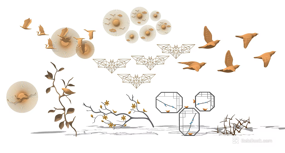 Modern Metallic Wall Decor with Birds Geometric Frames Branches and Flowers 3d model