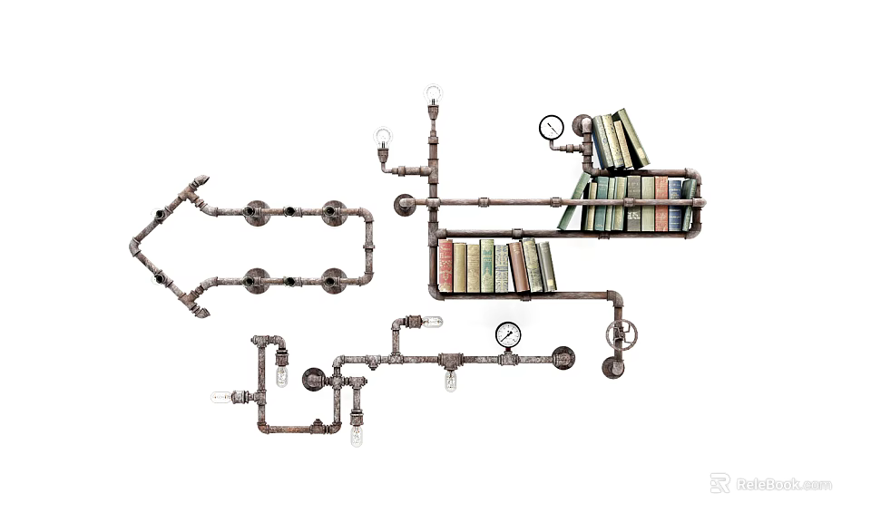 Industrial Pipe Wall Lamp with Bookshelf and Vintage Books Retro Decorative Lighting 3d model 