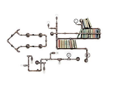 Industrial Pipe Wall Lamp with Bookshelf and Vintage Books Retro Decorative Lighting 3d model