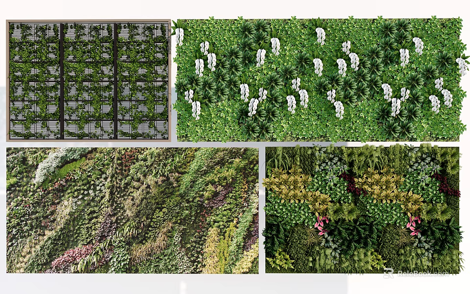 Beautiful Living Wall Design With Diverse Green Plants And Colorful Flowers 3d model 