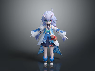 3D Anime Horned Character With Purple Hair Blue And White Traditional Outfit Holding Red Ornament 3d model