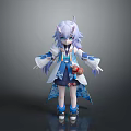 3D Anime Horned Character With Purple Hair Blue And White Traditional Outfit Holding Red Ornament