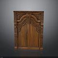 Antique Wooden Cabinet With Intricate Carved Details And Double Doors