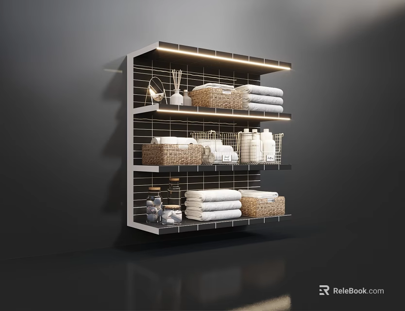 Organized Bathroom Accessories On Modern Wall Shelf With LED Lighting Towels Baskets And Bottles 3d model 