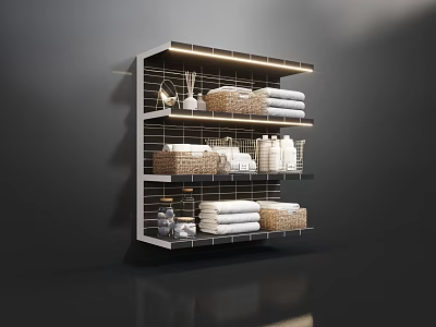 Organized Bathroom Accessories On Modern Wall Shelf With LED Lighting Towels Baskets And Bottles 3d model