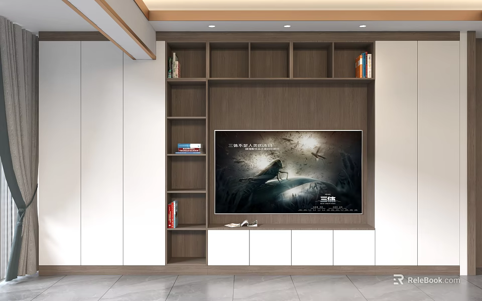 Modern Wooden TV Stand With Storage Shelves And Integrated TV 3d model 