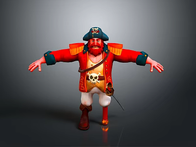 Man Dressed As Pirate With Red Coat Skull Emblem Sword And Outstretched Arms 3d model