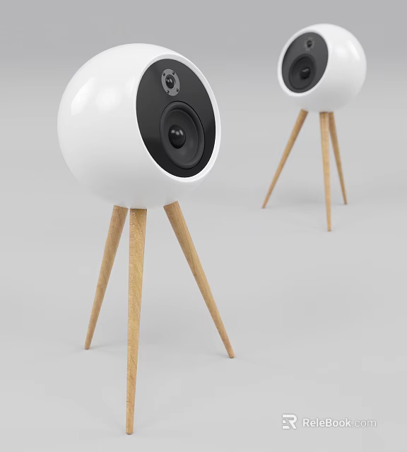 Two White Ball Shaped Speakers with Black Speaker Units on Wooden Tripods 3d model 