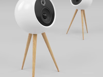 Two White Ball Shaped Speakers with Black Speaker Units on Wooden Tripods 3d model