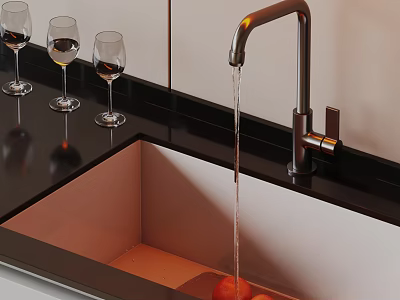 Kitchen Sink With Running Water Faucet And Fresh Tomatoes On Countertop With Wine Glasses 3d model