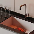 Kitchen Sink With Running Water Faucet And Fresh Tomatoes On Countertop With Wine Glasses